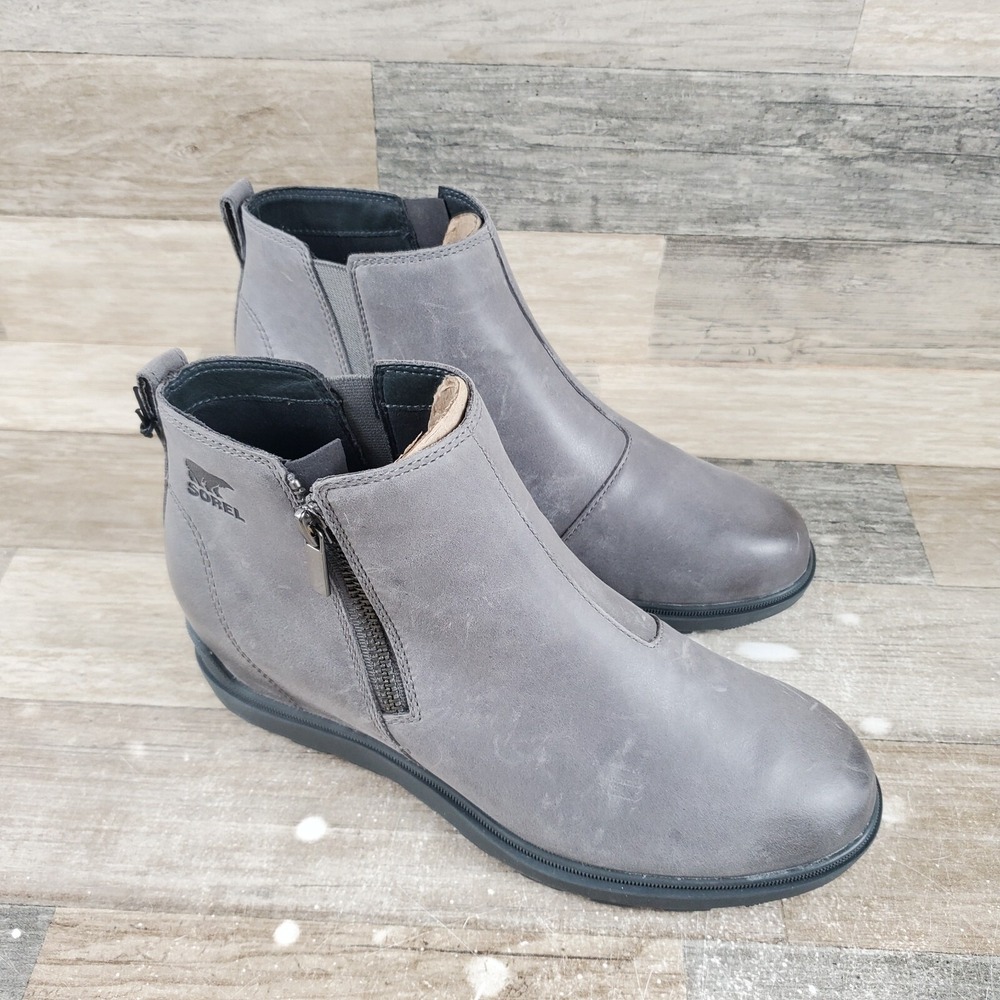 Sorel Evie Ii Chelsea Boots Womens Sz 9.5 Quarry Grill Leather Zip Waterproof